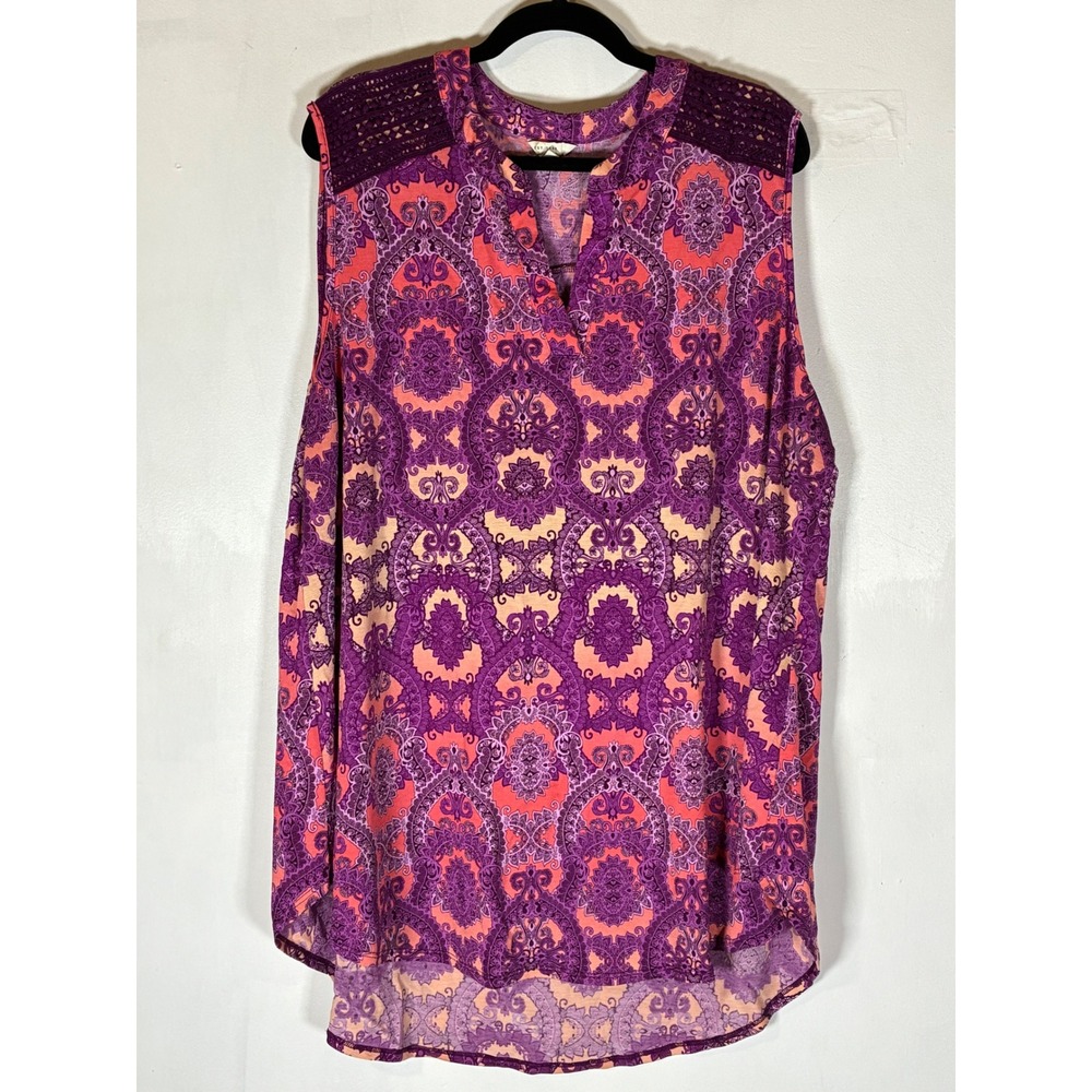 Summer Hippie Purple Coral Paisley Crochet Shoulder High Low Tunic Top 18/20W